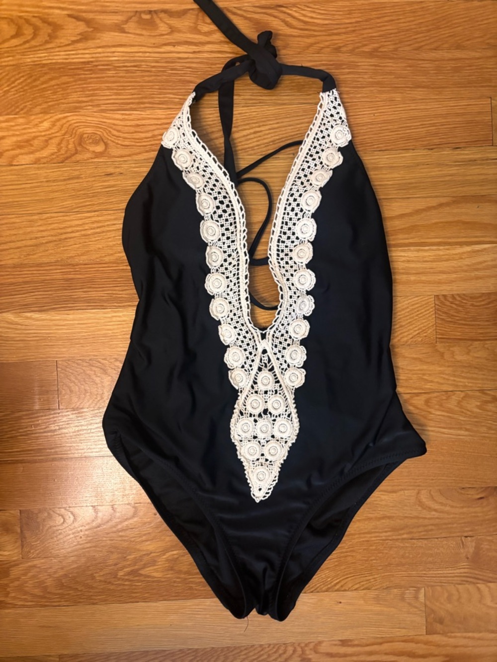 Mossimo Supply Co. Black One-Piece Swimsuit with Cream Crochet Trim